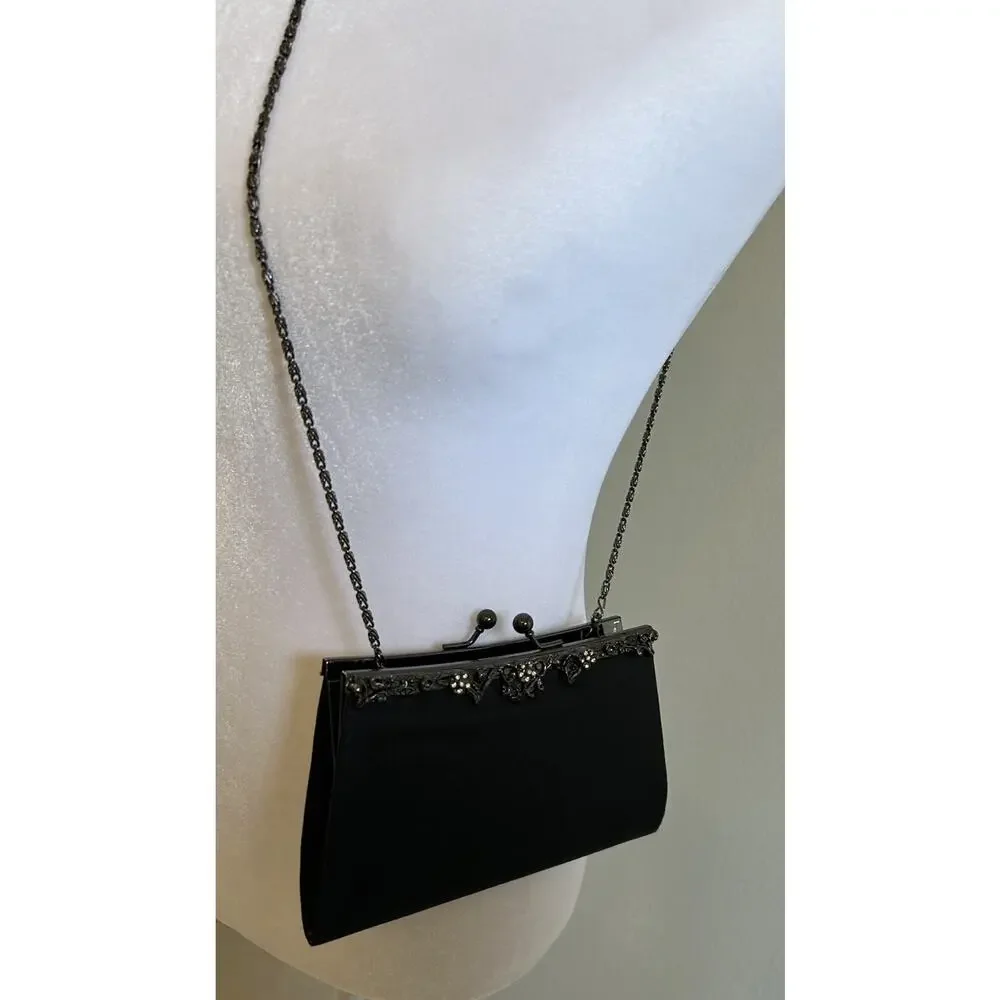 Jessica McClintock Black SatinPurse Chain Shoulder Strap KissLock Clutch Bag